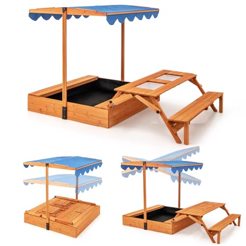 FANTASK 4 in 1 Sandkasten mit Kinder Klappbarer Sitzbank & Picknicktisch, 120x120 cm Holz Sandbox mit Verstellbares Sonnendach & 2 Waschbecken, Deckel & Plane von FANTASK