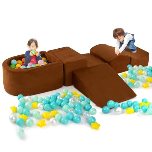 FANTASK 5 TLG. Riesenbausteine mit Bällebad, Großbausteine, Kletterblöcke Softbausteine zum Toben und Klettern (Braun) von FANTASK
