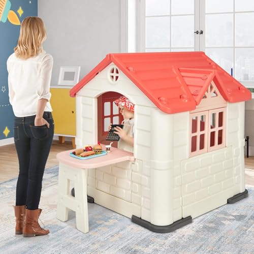 FANTASK 6 Personen Super-Luxus-Kinderspielhaus, Outdoor Großes Kinder Spielhaus Wasserdichtes für Familien 132 cm Hoch, Kinderhäuschen inkl. Spielzeugset und Regenschutzhülle(Rosa) von FANTASK