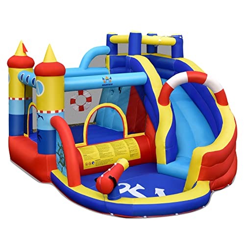 FANTASK 6 in1 Aufblasbare Hüpfburg Outdoor mit Gebläse, 360 x 290 x 200 cm Kinder Wasserpark mit Rutsche, Planschbecken & Wasserkanone, Bouncer Hüpfschloss Springburg von FANTASK