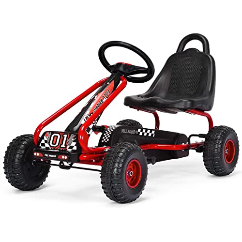 FANTASK Gokart mit verstellbarem Sitz, Go Cart mit Handbremse, Tretauto bis 30 kg belastbar, Kinderfahrzeug für Kinder von 3-6 Jahren (Rot) von FANTASK