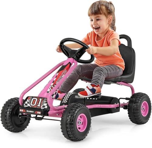 FANTASK Gokart mit verstellbarem Sitz, Tretauto bis 30 kg belastbar, Pedal Gokart, Kinderfahrzeug für Kinder ab 3 Jahren (Rosa) von FANTASK