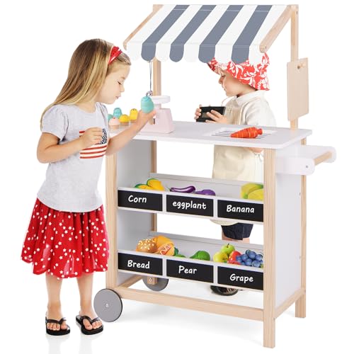 FANTASK Holz Eiswagen für Kinder, Rollwagen mit 2 Ablagen und 6 Eiscreme, Einkaufswagen auf Rollen, Wooden Ice Cream Cart inkl. Waage und Glocke, für Kinder ab 3 Jahren (Grau) von FANTASK