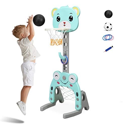 FANTASK Kinder Basketballständer höhenverstellbar, 3 in 1 Kinder Spielplatz Basketballkorb & Fußballtor & Wurfspiel (Blau) von FANTASK