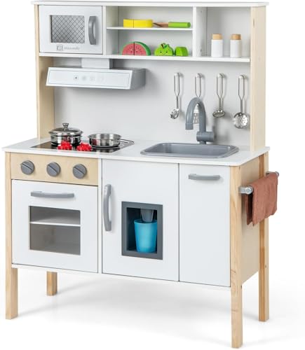 FANTASK Kinderküche Spielküche inkl. 18 Zubehör, Kinder Küche Holz mit Spüle Mikrowelle Eismaschine Backofen, Spielzeugküche Holzküche für Kinder ab 2 Jahre (Weiß) von FANTASK