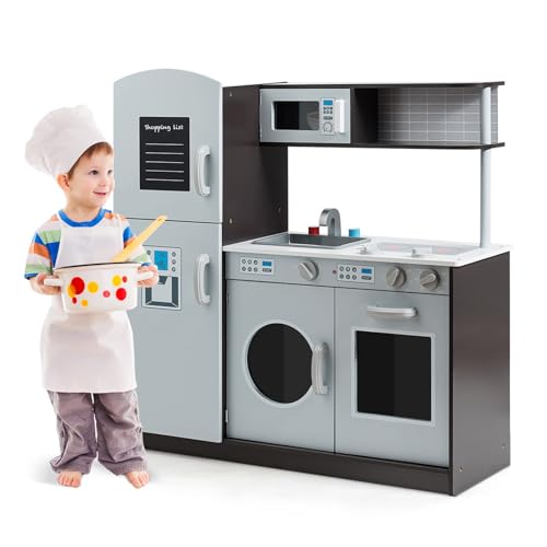 FANTASK Kinderküche aus Holz, Spielküche mit Spüle und Wasserhahn, Herd mit Klickgeräuschen, Backofen & Mikrowelle, Spielzeugküche mit Tafel für Kinder ab 3 Jahren FANTASK Kinderküche aus Holz, Spielküche mit Spüle und Wasserhahn, Herd mit Klickgeräuschen, Backofen & Mikrowelle, Spielzeugküche mit Tafel für Kinder ab 3 Jahren von FANTASK