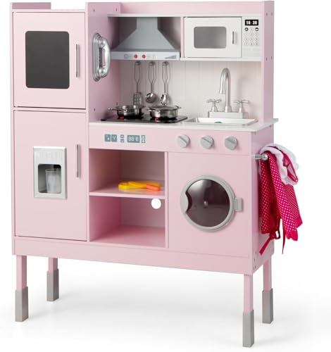 FANTASK Kinderküche mit 16 Spielzubehörteilen, Spielzeugküche für Kinder ab 2 JahrenHolzspielküche inkl. Dunstabzugshaube & Eismaschine & Telefon & Waschmaschine, rosa (83 x 29 x 103 cm) von FANTASK