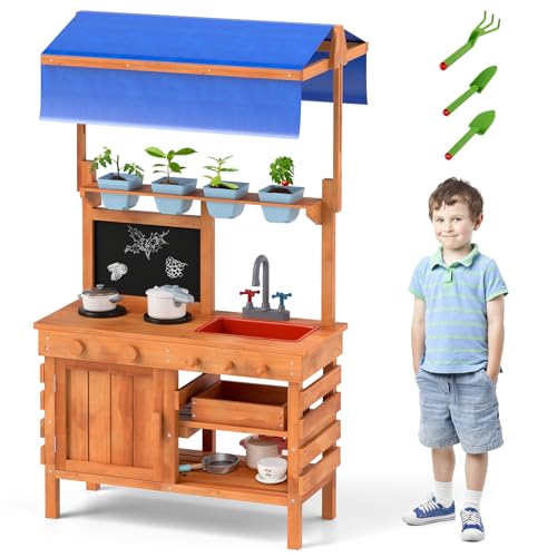 FANTASK Matschküche Kinder Outdoor, Kinderküche Holz mit Sonnendach & Tafel & Pflanzbechern & Schaufeln von FANTASK