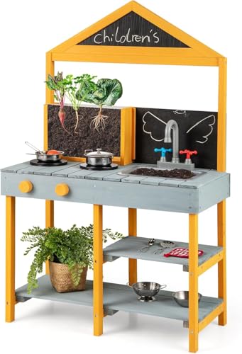 FANTASK Matschküche Kinder Outdoor, Kinderküche Tannenholz mit Pflanzbehälter & 2 Kreidetafeln & Wasserhahn & Waschbecken (Blau) von FANTASK