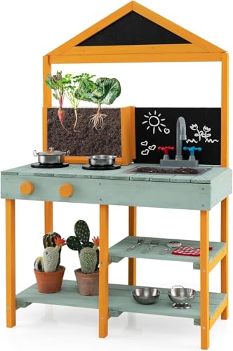 FANTASK Matschküche Kinder Outdoor, Kinderküche Tannenholz mit Pflanzbehälter & 2 Kreidetafeln & Wasserhahn & Waschbecken (Grün) von FANTASK