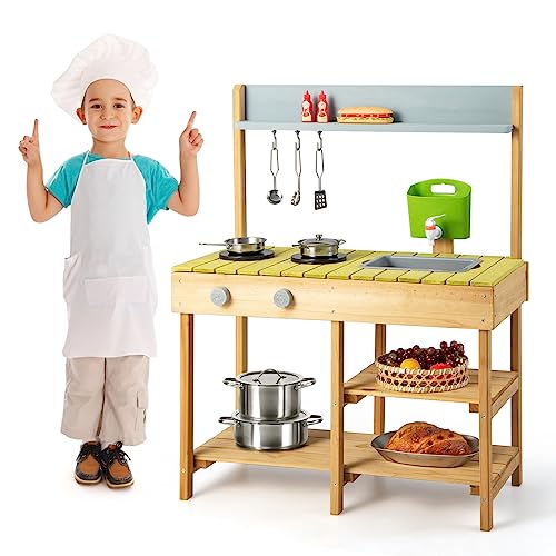 FANTASK Matschküche für Kinder Outdoor & Indoor, Spielküche mit Haken & abnehmbarem Regal, Kinderküche Holz mit Wasserfunktion, Gartenküche Geschenke für Kinder ab 2 Jahren, Natur von FANTASK