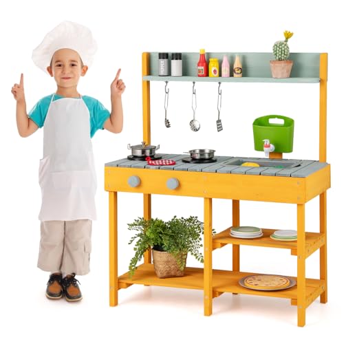 FANTASK Outdoor Matschküche Kinder aus Holz, Kinderküche mit Wasserfunktion & Haken & abnehmbarem Regal, Gartenküche Geschenke für Jungen und Mädchen ab 3 Jahren (Orange) von FANTASK