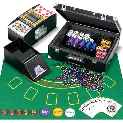 FANTASK Pokerset Komplett Set abschließbar, Aluminium Kasino Poker 300 Chips, Pokerkoffer mit 2 Kartendeck, 5 Würfel, Kartenmischer & Kartengeber, Dealer Button, Matte (300 pcs) von FANTASK