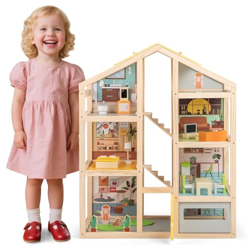 FANTASK Puppenhaus Holz, Bunt Puppenstube mit komplettem Möbeln & Zubehör, 3 Etagen DIY-Dollhouse mit Garage & öffnbarer Tür, für Mädchen & Jungen ab 2 Jahren FANTASK Puppenhaus Holz, Bunt Puppenstube mit komplettem Möbeln & Zubehör, 3 Etagen DIY-Dollhouse mit Garage & öffnbarer Tür, für Mädchen & Jungen ab 2 Jahren von FANTASK