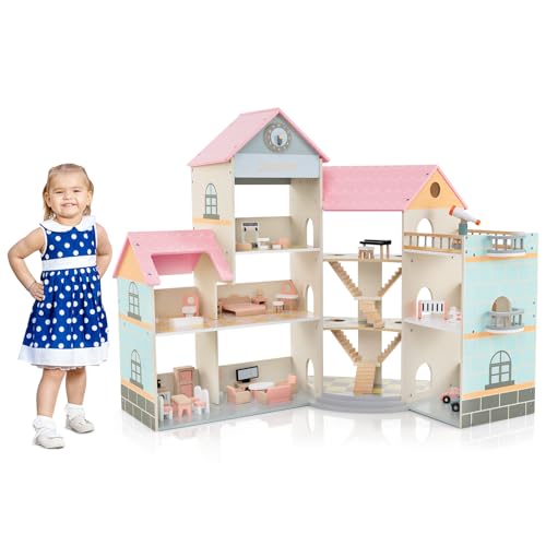 FANTASK Puppenhaus Holz, Dollhouse 94 cm Hoch mit 41 Möbelstücken und Zubehör, Puppenvilla mit 6 Zimmern & Terrasse & Garage, Puppenstube Geschenk für Mädchen ab 3 Jahren von FANTASK