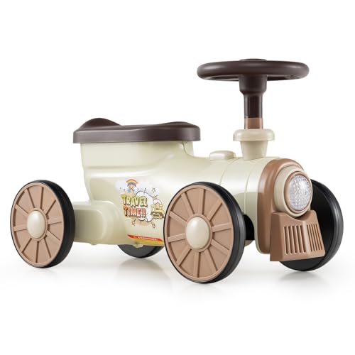 FANTASK Rutschauto, Ride-On Walker mit Stauraum unter Sitz, Rutschfahrzeug mit Lenkrad & Zugpfeifton-Taste, Kinderfahrzeug für Jungen und Mädchen ab 1 Jahr, 61 x 30 x 38 cm (Beige) von FANTASK