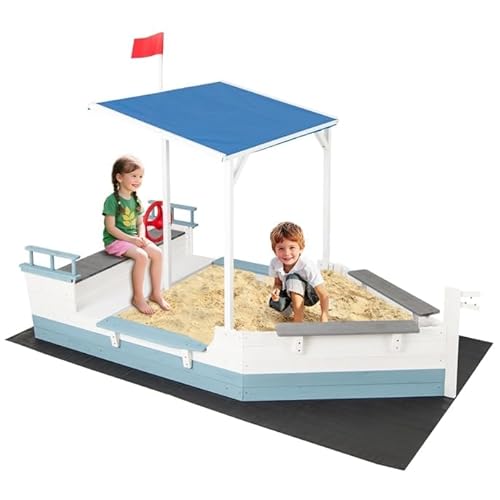 FANTASK Sandkiste Sandbox Holz, Sandkasten Outdoor mit Dach & Flaggenmast & Steuerrad & Sitzbank von FANTASK