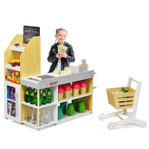 FANTASK Supermarket mit Einkaufswagen, Kaufladen aus Holz mit Tafel & Registrierkasse, inkl. Scanner & Kartenlesegerät & Kreditkarte & Münzen, Kaufmannsladen für Knder ab 3 Jahren von FANTASK
