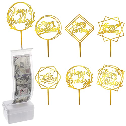 FANTESI Kuchen Spardose Kit, 107 Stück Geld Kuchen Pull Out Kit Wiederverwendbare Geld Ziehbox mit 100 Transparent Tasche und 6 Happy Birthday Cupcake Topper für Kuchen Dekoration Party Supplies von FANTESI