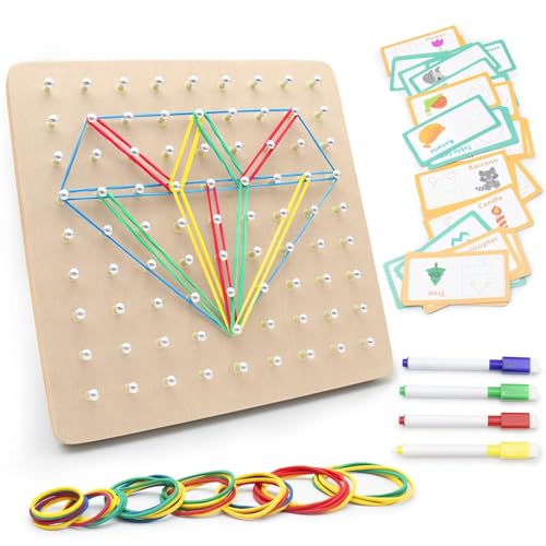 Holz Geobrett,Montessori Lernspielzeug für Kinder, Geoboard mit 30 Musterkarten、50 Gummibändern、4 Wasserstifte, Geometrie Feinmotorik Spielzeug, Pädagogisches Holzspielzeug ab 3 Jahre Holz Geobrett,Montessori Lernspielzeug für Kinder, Geoboard mit 30 Musterkarten、50 Gummibändern、4 Wasserstifte, Geometrie Feinmotorik Spielzeug, Pädagogisches Holzspielzeug ab 3 Jahre von FANWINKJ