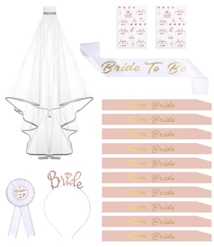 FAOKZE Deko Schärpe Set, 16PCS Braut to Be und Team Bride Schärpe Set mit 10 Team Bride Schärpe,2 Bride Tattoos,1 Braut Schärpe, Schleier,Abzeichen,Tiara,Poltern Frauen,JGA Schärpe Accessoires Frauen von FAOKZE