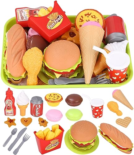 FAOKZE Kinderküche Zubehör,23 Stück Kinder Lebensmittel Spielzeug Küchenspielzeug,Montage Hamburger Pizza Spielzeug,Kinderküche Zubehör,Rollenspiel Geschenk für Kinder von FAOKZE