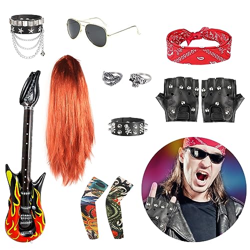 12 Stück Rocker Kostüm Herren Rockstar Kostüm Kinder, enthält 1 Perücke 1 Brille 2 Ärmel 2 Ringe 2 Armbänder 2 Handschuhe 1 aufblasbare Gitarre 1 Stirnband, Disco Rock Star Fancy Dress Kinder Jungen von FASBET