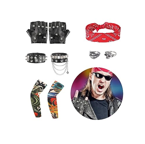 FASBET 9 Stück Rocker Kostüm Herren Rockstar Kostüm Kinder, Punker Kostüm Mann Punk Kostüm Damen, Disco Kostüm Herren Party Kostüm Männer, 70er 80er 90er Jahre Outfit Punker Accessoires Festival von FASBET