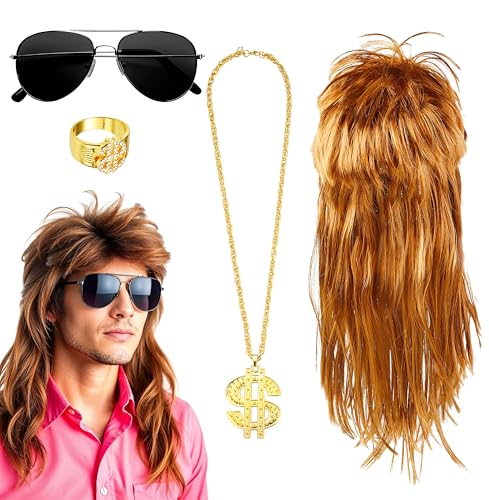 FASCHINFEVER 4 in 1 Vokuhila 80er 90er Kostüm Set - Goldkette, Brille mit Assi Perücke & Dollar Ring für Fasching & Karneval - Herren & Damen FASCHINFEVER 4 in 1 Vokuhila 80er 90er Kostüm Set - Goldkette, Brille mit Assi Perücke & Dollar Ring für Fasching & Karneval - Herren & Damen von FASCHINFEVER