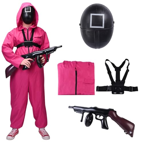 FASCHINFEVER Squid Game Set - 4 in 1 - Fasching & Karneval & Halloween - für Erwachsene - Kostüm mit Anzug & Gewehr & Maske (170-190cm) 2XL von FASCHINFEVER