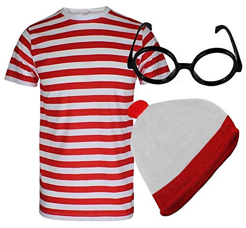 FASHION 7STAR T-Shirt für Herren und Jungen, rot und weiß gestreift, Hut, Brille, Kostüm, Buchwoche, Party-Kostüm FASHION 7STAR T-Shirt für Herren und Jungen, rot und weiß gestreift, Hut, Brille, Kostüm, Buchwoche, Party-Kostüm von FASHION 7STAR
