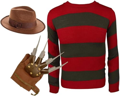 FASHION FAIRIES Herren Klauen-Handschuh, Entdeckerhut, rot/grün, Pullover-Set, Horror-Spikes, Kostüm, Freddy der Krüger, Albtraum, Halloween, Fasching, Karneval, Feier, Kostüm-Set FASHION FAIRIES Herren Klauen-Handschuh, Entdeckerhut, rot/grün, Pullover-Set, Horror-Spikes, Kostüm, Freddy der Krüger, Albtraum, Halloween, Fasching, Karneval, Feier, Kostüm-Set von FASHION FAIRIES