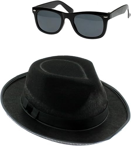 FASHIONISM Blues Brothers Band Hut & Brille Set Uni Blues Hut & Sonnenbrille American Band Fancy Party Kostüm Zubehör von FASHIONISM