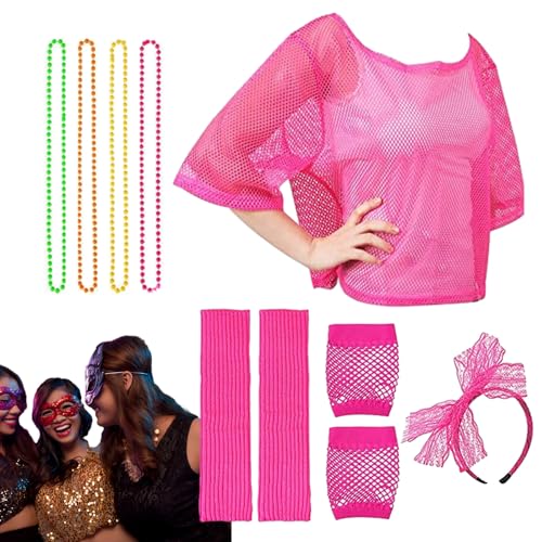FASSME 80er-Jahre Zubehör für Mädchen, 1980er-Jahre-Kostüm, Kostümzubehör, Retro-Party-Kostüm-Set, Neon-Fischnetz-Handschuhe, Halskette für Party von FASSME
