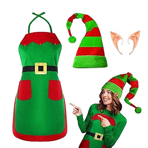 FASSME Elfen-Outfit für Frauen - Rot und grün gestreifter Weihnachtself,Weihnachtsmützen und Küchen-Kochschürzen für Party-Rollenspiele, Weihnachtsoutfit für Frauen und Erwachsene von FASSME
