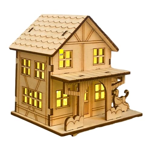 Weihnachtsdorfhaus, weihnachtliches Holzhandwerk, DIY-Holzhaus, Gebäudemodell eines Landhauses mit Lichtern, Sammlerfiguren mit LED- n von FASSME