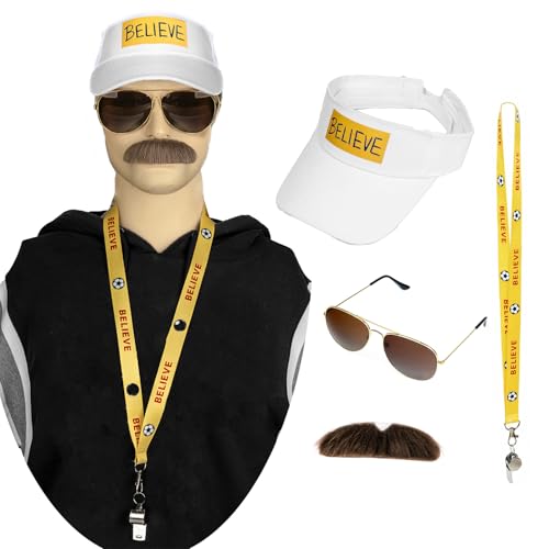 Fußball-Trainer-Kostüm-Zubehör-Set mit Glaubensvisier, Hut, Pfeife und Schnurrbart Sonnenbrille für Herren, Halloween, Cosplay, Kostümparty, 4-teilig Fußball-Trainer-Kostüm-Zubehör-Set mit Glaubensvisier, Hut, Pfeife und Schnurrbart Sonnenbrille für Herren, Halloween, Cosplay, Kostümparty, 4-teilig von FATMAUI