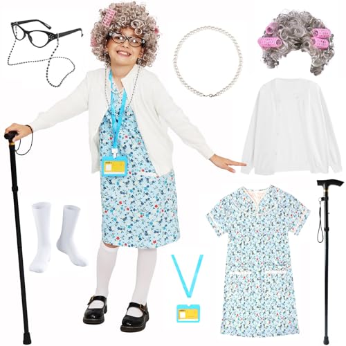 FAYBOX Kostüm für Kinder, alte Frauenperücke, 100 Schultage Kostüm für Mädchen, Oma-Kostüm und Oma-Brille FAYBOX Kostüm für Kinder, alte Frauenperücke, 100 Schultage Kostüm für Mädchen, Oma-Kostüm und Oma-Brille von FAYBOX