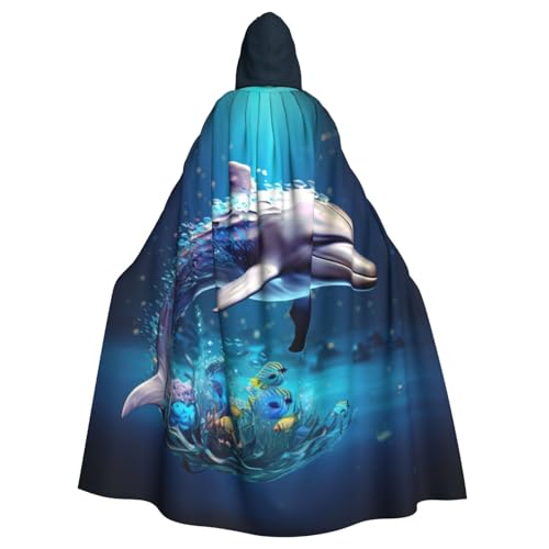 FBGHHTY Einzigartiger 3D-Tier-Delfin-Druck, Halloween-Kapuzenumhang, volle Länge, Erwachsene, Unisex, Karneval, Umhang mit für Cosplay von FBGHHTY