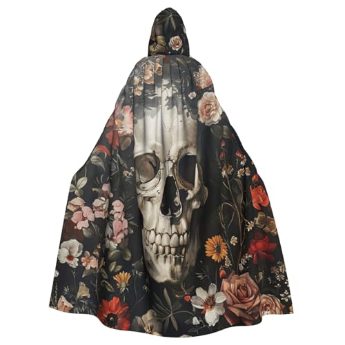 FBGHHTY Halloween-Kapuzenumhang mit Blumenmuster und Totenkopf-Druck, volle Länge, Unisex, für Erwachsene von FBGHHTY