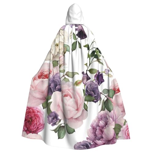 FBGHHTY Halloween-Kapuzenumhang mit rosa Rosen-Aufdruck, volle Länge, Erwachsene, Unisex, Karneval, Umhang mit Cosplay von FBGHHTY