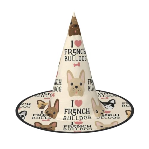 FBGHHTY I Love Französische Bulldogge Druck Unisex Halloween Hexenhut Faltbar für Karneval Maskeraden und Cosplay Events von FBGHHTY
