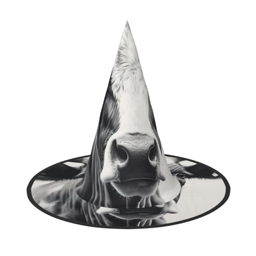 FBGHHTY Kuh im Schwarz-Weiß-Druck, Unisex, Halloween-Hexenhut, faltbar, für Karneval, Maskeraden und Cosplay-Events von FBGHHTY