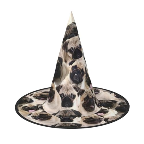 FBGHHTY Niedlicher Mops-Druck, Unisex, Halloween, Hexenhut, faltbar, für Karneval, Maskeraden und Cosplay-Events von FBGHHTY