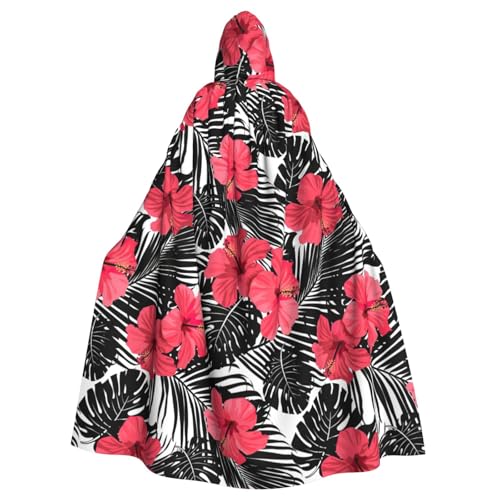 FBGHHTY Roter Hibiskusaufdruck, Halloween-Kapuzenumhang, volle Länge, Erwachsene, Unisex, Karneval, Umhang mit für Cosplay von FBGHHTY