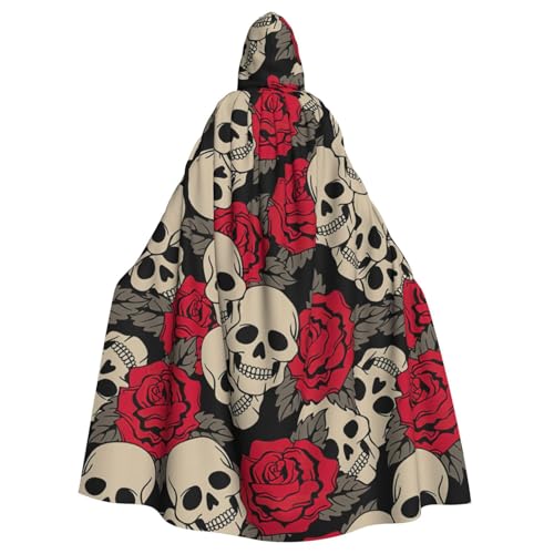 FBGHHTY Schwarzer Totenkopf mit Rosen-Druck, Halloween-Kapuzenumhang, volle Länge, Erwachsene, Unisex, Karneval, Umhang mit für Cosplay von FBGHHTY