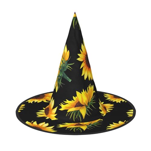 FBGHHTY Sonnenblume blühende Blumen Pflanzen schwarz und gelb Druck Unisex Halloween Hexenhut faltbar für Karneval Maskeraden und Cosplay Events von FBGHHTY