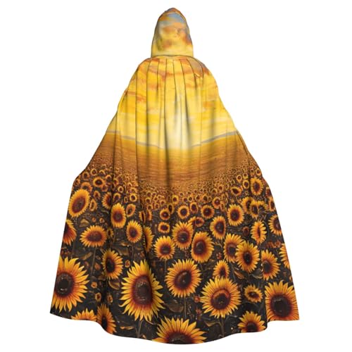 FBGHHTY Sonnenblumenfeld, Sonnenuntergang, Blumenmeer, Druck, Halloween, Kapuzenumhang, volle Länge, Erwachsene, Unisex, Karneval, Umhang mit für Cosplay von FBGHHTY