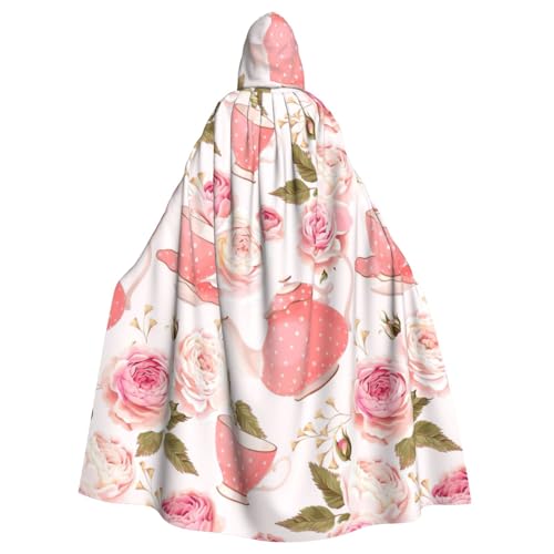 FBGHHTY Teetassen mit Rosen, romantischer Shabby-Druck, Halloween-Kapuzenumhang, volle Länge, Erwachsene, Unisex, Karneval, Umhang mit für Cosplay von FBGHHTY