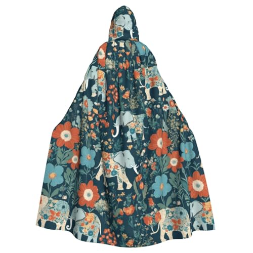 FBGHHTY Wunderschönes Wiesenmuster mit floralem Elefant im Druck, Halloween-Kapuzenumhang, volle Länge, Erwachsene, Unisex, Karneval, Umhang mit für Cosplay von FBGHHTY